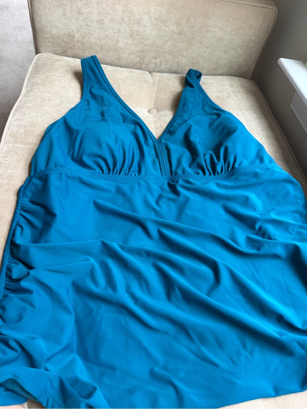 Women’s Teal Blue V-Neck Tankini Top, Adjustable Straps, 24W